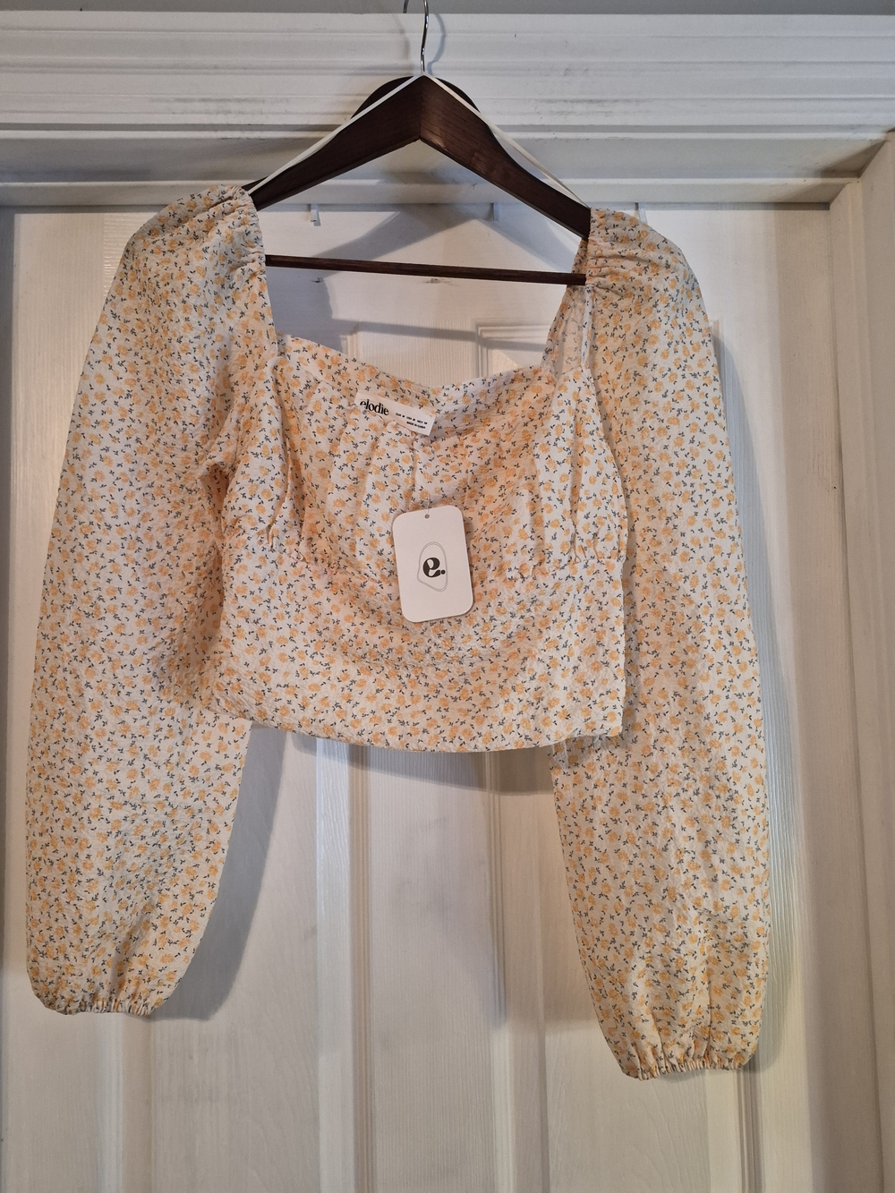 Elodie Floral Puff-Sleeve Crop Top - Yellow - Medium